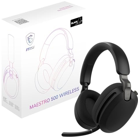 MSI Maestro 500 Wireless Black Casque sans Fil, réduction Active du Bruit, Connexion 2,4 GHz, Bluetooth 5.4 ou Jack 3,5 mm, H-P de 40 mm, Micro rétractable « Flip-to-Mute », autonomie 90 Heures