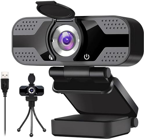 Webcam Full HD 1080P für Videoanrufe, Aufnahmen, Studium, Webkonferenzen | mit Stativ und Webcam Abdeckung,mit Mikrofon,Plug & Play,USB Computerkamera, kompatibel mit Windows, Mac und Android