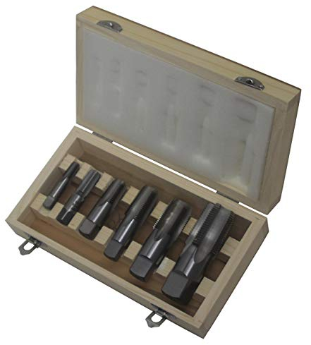 Drill America - DWTPT1/8-1SET 6-teiliges NPT Rohrgewindebohrer, Karbonstahl, DWTPT Series Set, 1/8 Zoll, 1/4 Zoll, 3/8 Zoll, 1/2 Zoll, 3/4 Zoll und 1 Zoll im Holzkoffer