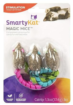 SmartyKat Magic Mice Compressed Catnip and Ribbon Cat Toys, Mess-Free for Hunting & Batting Fun for Cats & Kittens, Set of 3
