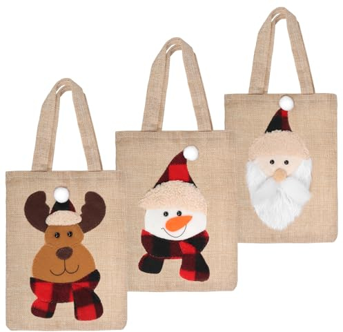 com-four® 3x Geschenktüte für Weihnachten, Jutebeutel mit Henkeln | Weihnachtsbeutel - Geschenktasche für Advent - Nikolaus - Santa - Elch - Schneemann
