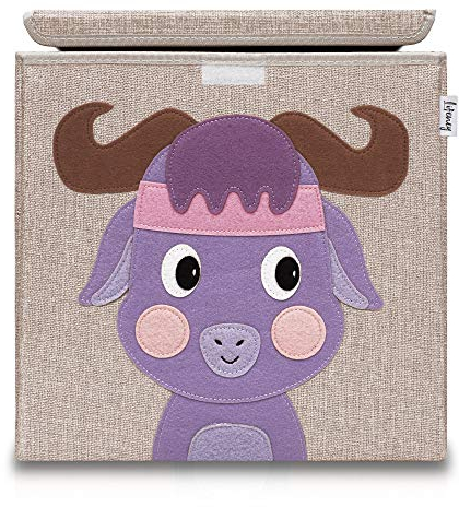 LIFENEY Aufbewahrungsbox mit Deckel und Büffel I Spielzeugbox mit Tiermotiv passend für Würfelregale I Ordnungsbox für das Kinderzimmer I Aufbewahrungskorb Kinder