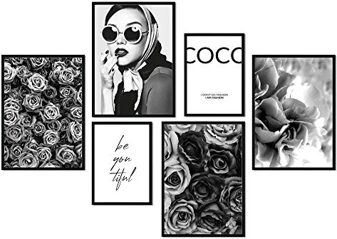 bilderreich Premium Poster Set Coco Schwarz-Weiß | Deko Bilder Wohnzimmer Modern 6er | Schlafzimmer Bild für die Wand | ohne Rahmen | 4X DIN A3 und 2X DIN A4