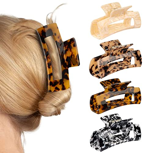 HAYHOI 4PCS HaarKrallen Clips, Acryl Haar Bananen Barrettes, Zelluloid Kiefer Clips, Schildkrötenpanzer Griff Pin Zähne Klemme Leopard Druck Stilvolle Haar Accessoires für Frauen Mädchen, größer 10cm
