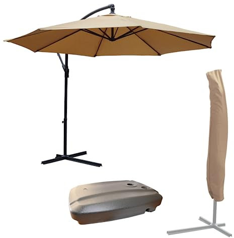 KCT 3m Large Mocha Garden Cantilever Parasol, Base and Cover - Umbrella Patio Sun Shade with Adjustable Crank Tilt and Outdoor UV Protection