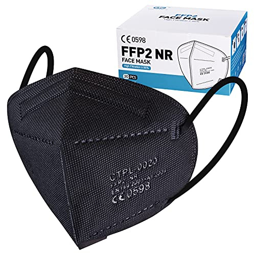 Nufasion 20 Stück FFP2 Masken Schwarz CE0598 Zertifizierung Mundschutz FFP2 Filtr-rate ≥ 95 5-Lagige Maske, Einzeln verpackte KN95/FFP2 Maske atmungsaktive, Mit verstellbarem Nasendraht FFP2 Atemsc
