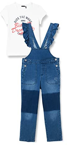 IKKS JUNIOR Jungen Salopette en Jean Bretelles À Volants et Tee-Shirt Inscriptions Xu36002.85 Kombi lang, Stone Blue, 5 Jahre