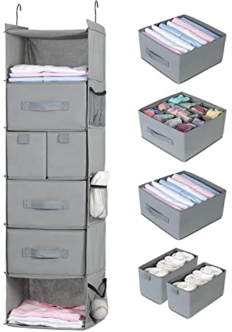 Bosuelife Hängeschrank mit 6 Ablagen und 5 verschiedenen Schubladen, faltbaren Schrank-Organizer und Aufbewahrung für Kleiderschrank, Schrank und Wohnmobil, Kleidung und Zubehör, Vliesstoff, Grau