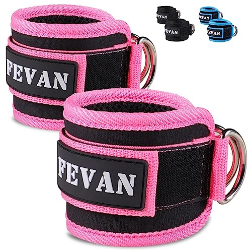 FEVAN 2 Tobilleras Poleas Gym - Tobillera para Polea Acolchada de Velcro - Accesorios Gym Unisex (Azul) (Rosa)