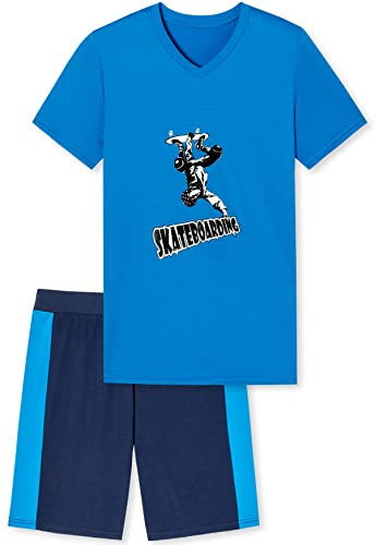 In One Clothing - Jungen Schlafanzug kurz, weicher Single-Jersey aus 100% Baumwolle, mit Motivdruck und Hose in Bermuda Form - Skateboard Motiv in blau - Grösse 176