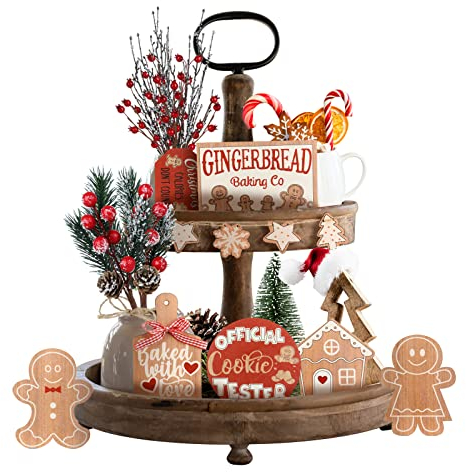 Teahutty Lot de 12 décorations de Noël pour Plateau à Plusieurs Niveaux, Panneau en Bois pour Table de Noël, Ferme, café, Plateau Rustique à Plusieurs Niveaux, décoration d'hiver en Pain d'épices