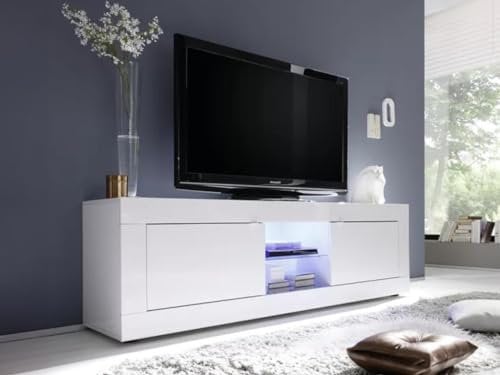 Vente-unique - Meuble TV COMETE - LEDs - 2 Portes - Blanc laqué