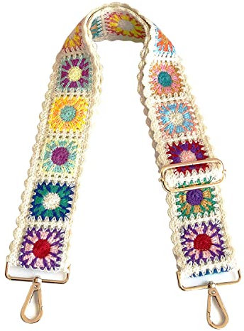 Häkel-Blumen-Geldbörsen-Gurt, Ersatz-Crossbody für Handtaschen, Frauen, Gitarrengurt, 5,1 cm breit, verstellbarer Taschengurt (weiß), Weiss/opulenter Garten, fully adjustable from 27.5-48 inches,
