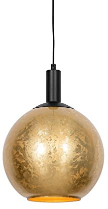 Qazqa - Design Design-Hängelampe I Pendellampe I Pendelleuchte schwarz mit Gold I Messingenem Glas – Bert I Wohnzimmer I Schlafzimmer - Rund - LED geeignet E27