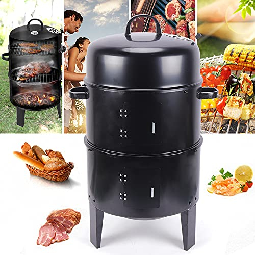 Holzkohlegrill 3-in-1 Räucherofen Smoker Grill, Räucherofen Holz Räucherschrank mit Deckel und Thermometer, BBQ Grill Holzkohle Groß Ø 40cm Räuchertonne für Räuchern, Grillen & Garen