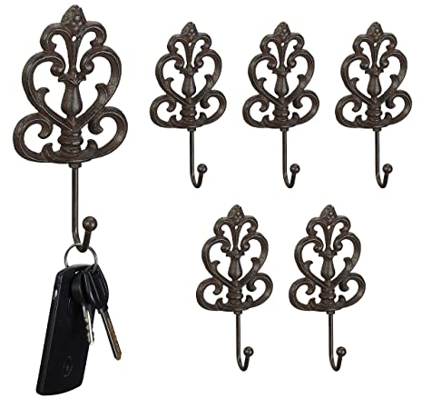 Relaxdays Garderobenhaken, 6er Set, Gusseisen, antikes Design, Haken je HxBxT: ca. 17 x 8,5 x 4,5 cm, Wandhaken, braun
