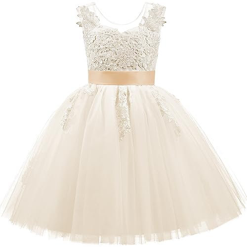 PLWEDDING Pizzo V indietro tulle fiore ragazza vestito junior ragazza damigella d'onore abiti da, champagne, 8-9 Anni