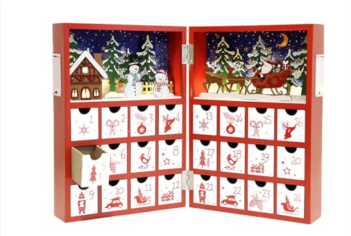PE Weihnachten Adventskalender Buch Holz mit LEDs zum Befüllen 24 Schubladen Wiederverwendbare Weihnachten Countdown Adventskalender Weihnachtliche Dekoration Rentier Szene Kinder Erwachsene
