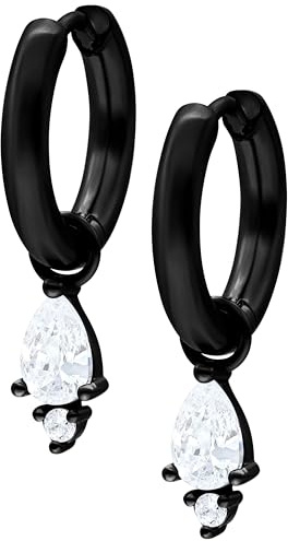 Wildcat Ohrringe - Little Tear Hoops - Creolen aus Edelstahl mit Kristall Anhänger - wasserfest, langlebig, hautverträglich - schwarz/kristall