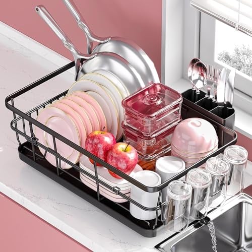 Urackify Escurreplatos, Escurridor de Platos Grande de Doble Capacidad, Escurreplatos de Lados Altos para Encimera de Cocina, Escurreplatos con Portacubiertos, Portavasos y Escurreplatos, Negro
