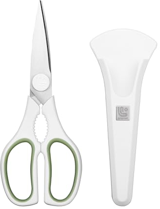 Linoroso Kitchen Scissor Heavy Duty with Magnetic Holder Ultra Sharp Utility Scissors Cooking Cutting Stainless Steel Food Shears for Meat Poultry Fish Chicken Pizza Vegetables Herbs BBQ Nuts - White