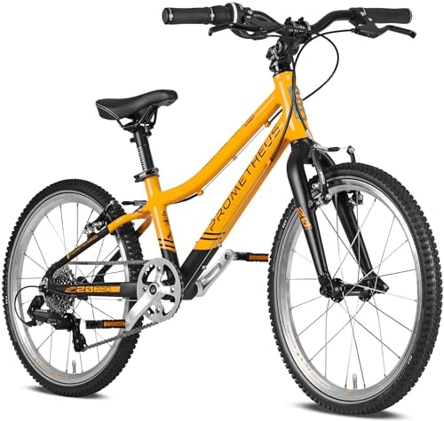 PROMETHEUS BICYCLES PRO Kinderfahrrad 20 Zoll Jungen Mädchen | Premium 20 Zoll Fahrrad Junge Aluminium Super leicht ab 6 Jahre | 7 Gang Schaltung von Microshift | Schwarz Matt Orange