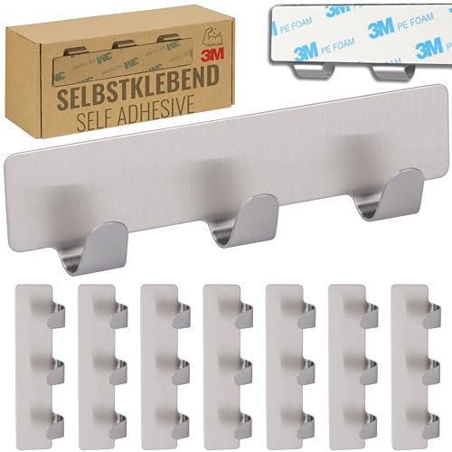 RICOO Ganchos Adhesivos Para Pared, MH020-8, Acero Inoxidable, 12 x 3 x 1,7 cm, Juego de 8 Piezas, Plateado