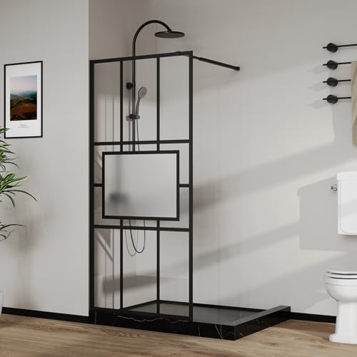 Goodyo 34” X 72” Glass Shower Door Fixed Framed Shower Screen Tempered Glass Panel for Walk-in Shower Room, Grid Pattern, Middle Frosted Glass, Black Finish