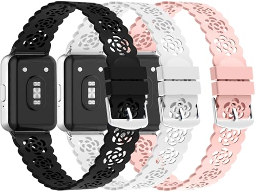 Paquete de 3 correas deportivas compatibles con Samsung Galaxy Fit 3, correas de repuesto de silicona suave con encaje delgado transpirable rosa ahuecado para reloj inteligente Galaxy Fit3 SM-R390