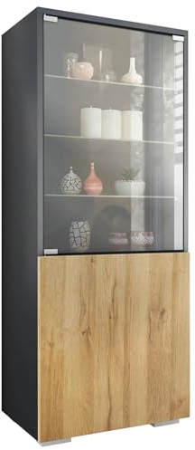 Vladon Vitrine Granada, Made in Germany, Vitrinenschrank mit Glastür und Glaseinsatz, Anthrazit matt/Eiche Natur (50 x 122,5 x 34,5 cm)