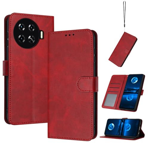 QiongniAN Coque en Cuir Compatible avec Tecno Spark 20 Pro+,Compatible avec Tecno Spark 20 Pro Plus KJ7 Étui pour téléphone à clapet Coque Red
