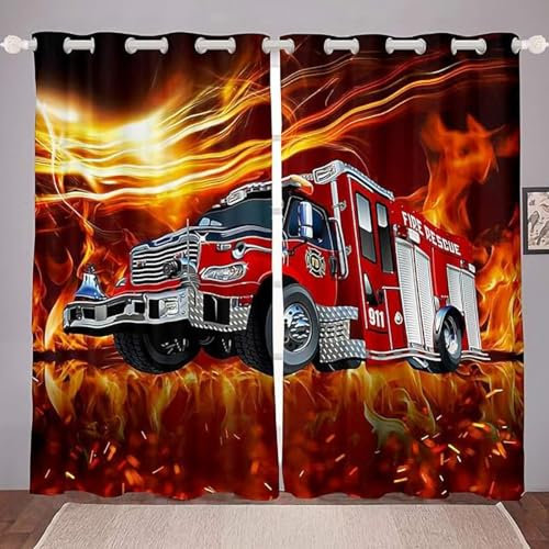 ZZTBQ Feuerwehrauto Kinderzimmer Gardinen mit Ösen Feuerwehrauto Auto Karikatur Rote Feuerwehr Verdunkelungsvorhang 140x160cm Für Jungen Mädchen Kinder Schlafzimmer