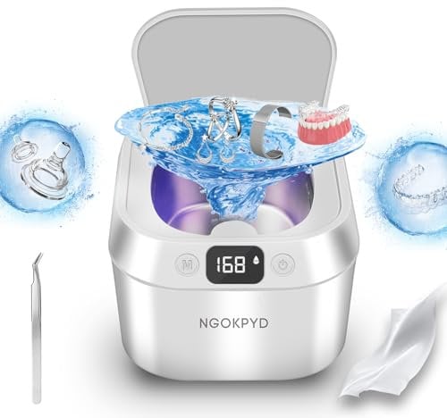 NGOKPYD Retainer Cleaner Ultrasonic for Denture - 48kHz/24W Professional UV Sonic Denture Cleaner 220ML for Aligner Mouth Guards Braces Toothbrush Jewelry Ring Parts, White