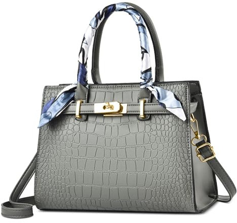FOLOVEYA Damen Handtasche Henkeltaschen Elegante Krokodilmuster Designer Schultertasche Umhängetaschen mit Seidentuch für Arbeit Schule Alltag Reise PU Leder Grau