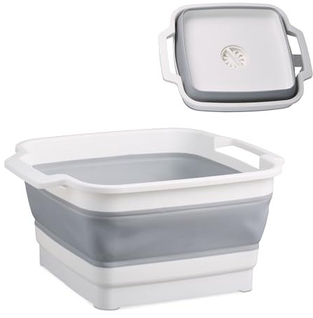Relaxdays Fregadero Portátil Camping, 9 litros, Lavabo Plegable con Desagüe y Asas, Barreño de Plástico, Gris y Blanco, 20 x 31,5 x 30 cm
