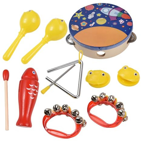 kosingna 10Pcs Wooden Percussion Instruments Set Musical Instruments Interesting Interactive Games Hand Eye Coordinated Development Birthday 6-inch Bell Drum Hand Ringing Bell Sandhammer with Storage
