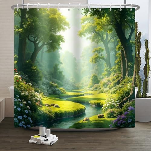 Xiaoterna Rideau de Douche Plantes Florales Vert - Nature Printemps Forêt Grands Arbres, Fleur Épanouie Ruisseau Imperméable 120x180cm