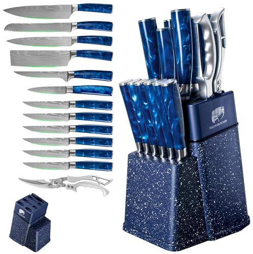 FULLHI Set di coltelli a blocco da 14 pezzi, set di coltelli da chef con blocco e affilatoio, set di coltelli da cucina, manico multicolore, regali per uomini e donne (Resina blu)