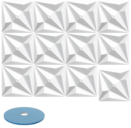 SUBTLETY 3D Wandpaneele Kunststoff 50x50cm Wandverkleidung Deckenpaneele 12 Stück Dekoren Wandtattoos Deckenplatten Hochsteifes PVC Wanddeko Paneele 3m² Wandplatten für Küche Bad Büro (S193 Weiß)