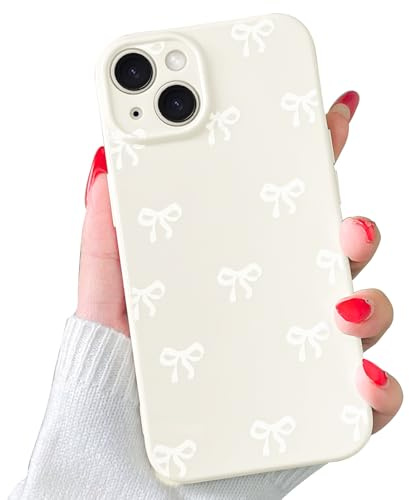 VCGFJD Case for iPhone 15 Plus, Cute Ribbon Bow Pattern, Stylish Simple Phone Case, Raised Lens Edge Protection, Aesthetic Bowknot Slim Soft TPU Durable Protective Cover for iPhone 15 Plus - White