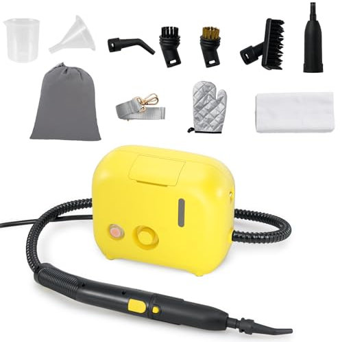SOARS Dampfreiniger Handgerät mit 11 Zubehör, Dampfdruck: 3 bar, Max. 180 ℃, Leistung: 1600W, Wassertank: 1L, Handdampfreiniger für Teppiche, Boden, Fenster, Küche (Gelb)