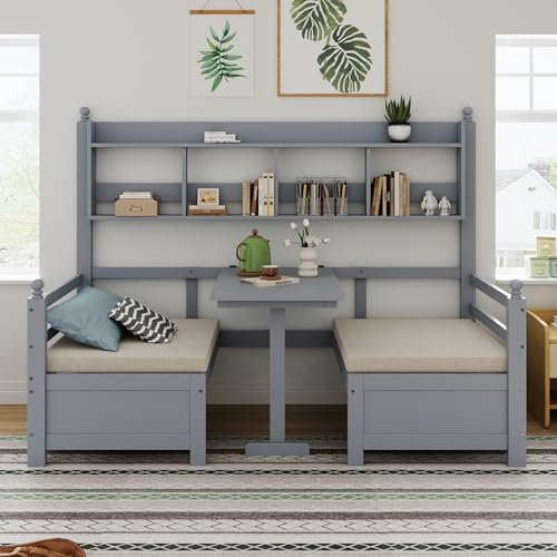 YuQozii Multifunktionales Massivholz Schlafsofa 200x90 cm, 2-in-1 Bett und Schreibtisch, Frei Umbaubar, Mit Bücherregal Zur Aufbewahrung, Mit Bequemen Kissen, Gästebett Einzelholzbett (Grau)