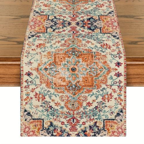 Persischer Vintage-Tischläufer, 183 x 33 cm, maschinenwaschbar, lichtbeständig, Blumenmuster in Orange und Blau