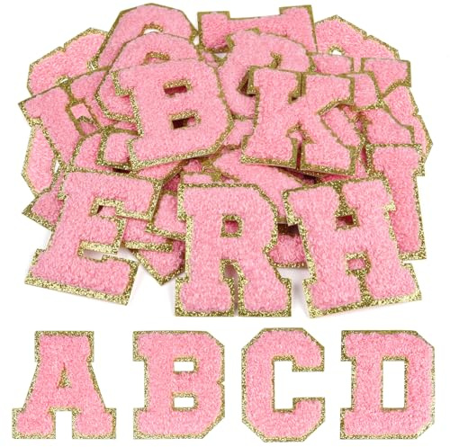 CHRORINE 26/52/104 Pcs Self Adhesive Chenille Letter Patches A-Z, Also Supports Sew or Iron on, Embroidered Alphabet Patches Stickers for DIY Clothing, Bags, Hats (52, Pink, Height 2.16″)