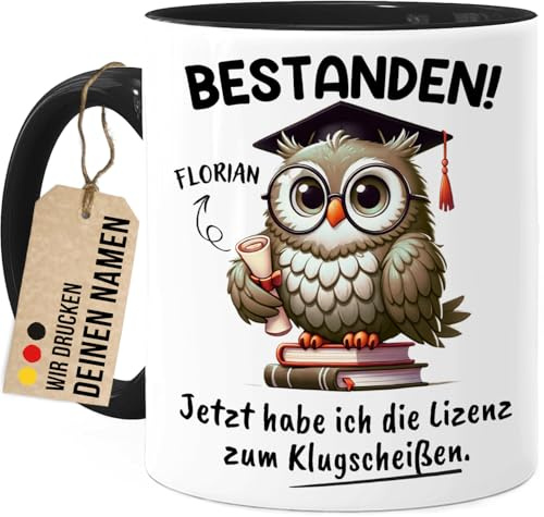 Tassenliebling® Bestandene Prüfung Tasse personalisiert Schwarz - Jetzt habe ich die Lizenz zum klug... - Abschluss Geschenk zum Abi Bachelor Master - Studienabschluss Geschenk - Eule 1