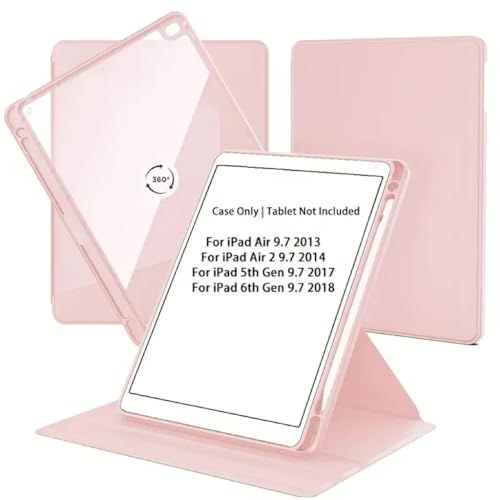 TXWLLIU Hülle für iPad 9,7 Zoll 6./5. Generation (Modell 2018/2017) & iPad Air 2/1 mit Stifthalter, 360 Grad Drehbarer Book Flip Stand Schutzhülle, Automatischem Schlaf/Wach, Rosa
