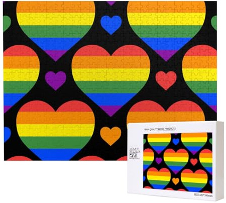 Rainbow Hearts Gay Pride Flag,500 Pieces Wooden Jigsaw Family Game Jigsaw Puzzles for Adults Teens Home Decor
