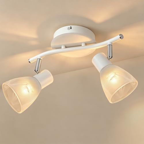 Unikcst 2-flammige Deckenleuchte E14 Weiß Metall Glas schwenkbar | 350° drehbar und 90° neigbar, Metall-Glas Design, E14 Fassung max 35W, für Wohnzimmer Schlafzimmer Küche Esszimmer