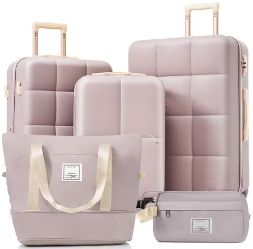 LANGSTON Koffer-Set 5-teilig – 3 Trolleys (groß, mittel, klein) mit Reisetasche & Beautycase | TSA-Schloss | 360° Rollen | Verstellbarer Teleskopgriff | Leicht & Elegant,Braun