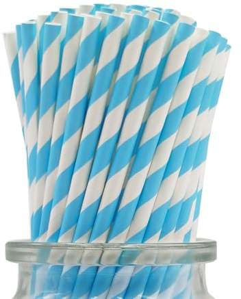 100 Blue Paper Straws, Biodegradable Blue Striped Paper Drinking Straws for Juice, Coffee and Cocktail (6x197mm)